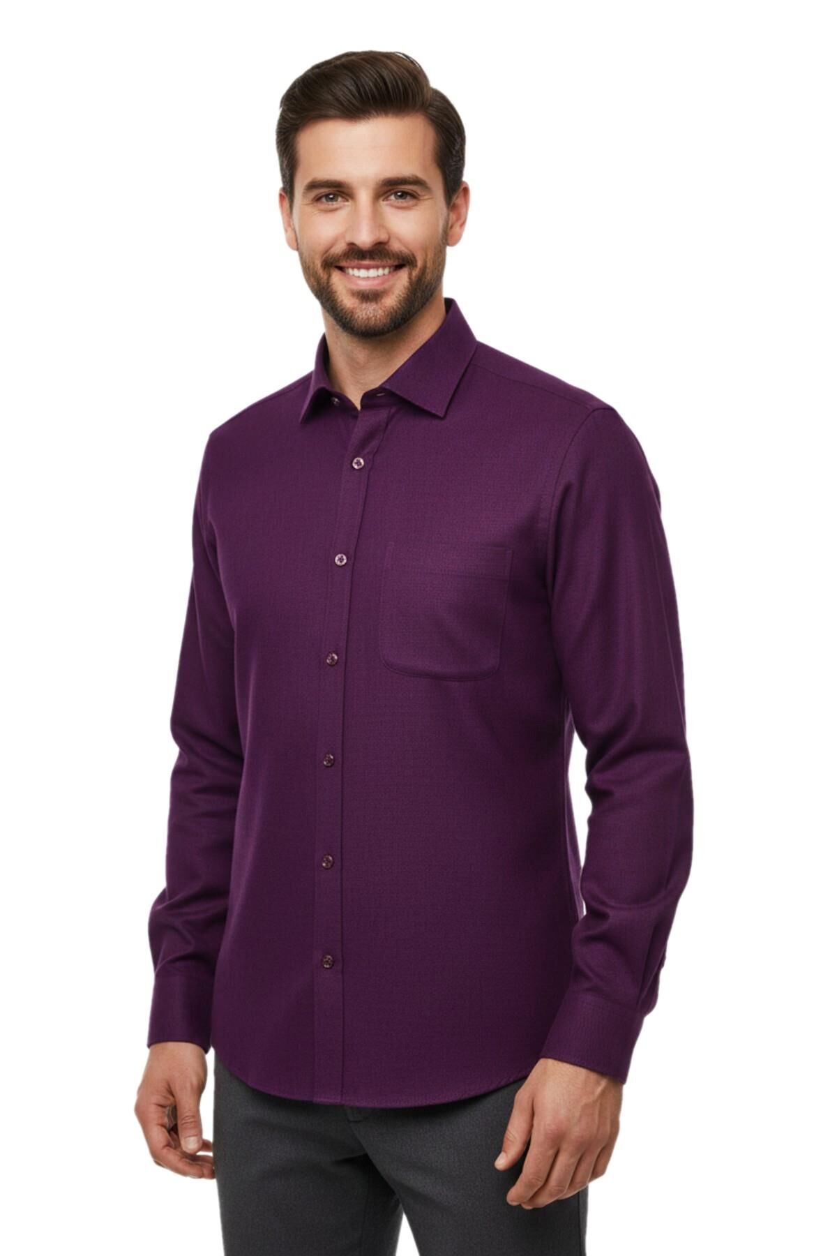 Erkek Kışlık Uzun Kol Tek Cepli Gömlek 3543 BGL-ST04806 BORDO - L