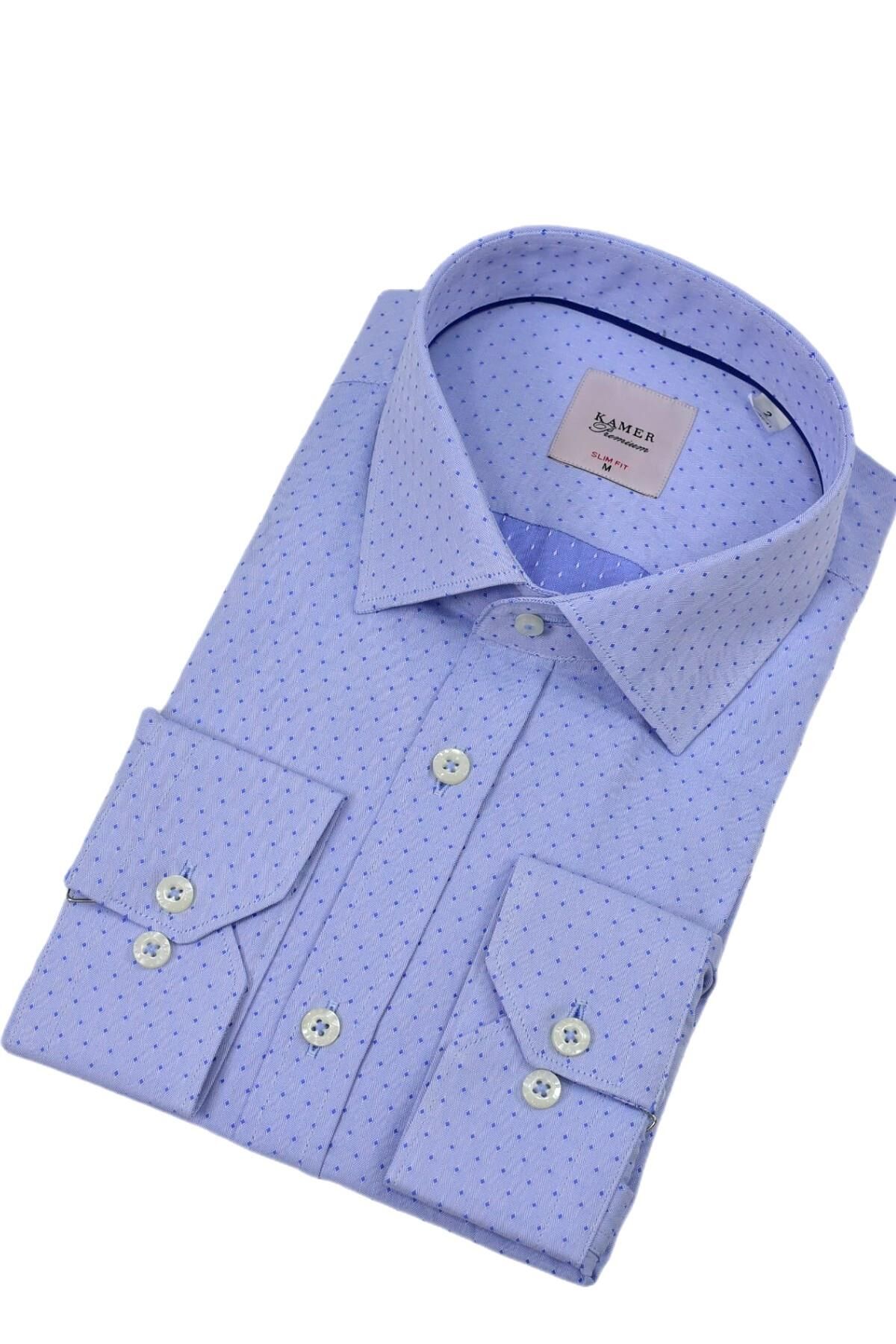 Erkek Puantiyeli Slim Fitt Uzun Kol Gömlek 2382 BGL-ST04377 MAVİ - M