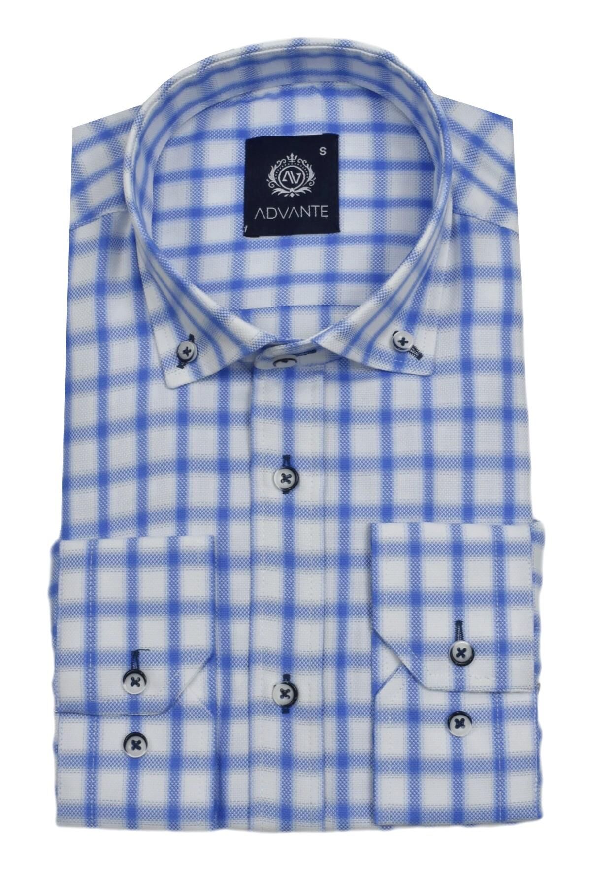 Erkek Ekose Klasik Uzun Kol Gömlek Oxford BGL-ST02987 MAVİ - 2XL