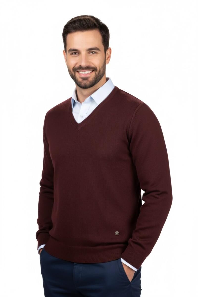 Erkek V Yaka Triko Kazak Çelik Örgü Klasik Kalıp 4241D BGL-ST04849 BORDO - XL