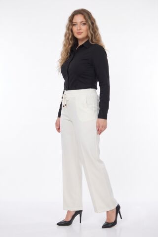 Kadın Bol Paça Beli Lastikli Kumaş Pantolon BGL-ST04322 KREM - 46