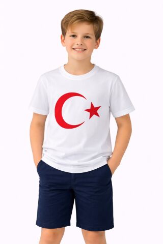Türk Bayraklı Kız Erkek Çocuk Penye Tshirt BGL-ST05507 BEYAZ - 9 YAŞ