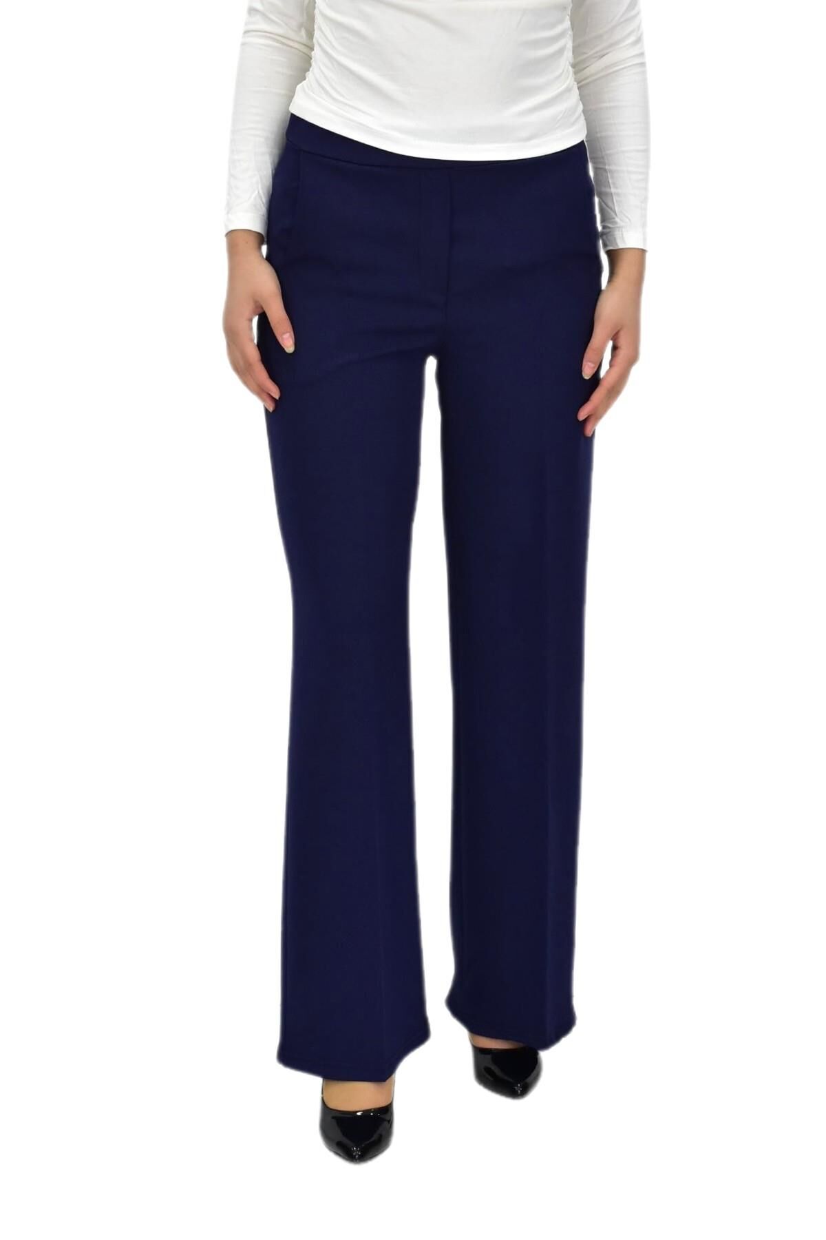 Kadın Bol Paça Beli Lastikli Kumaş Pantolon BGL-ST04322 LACİVERT - 40