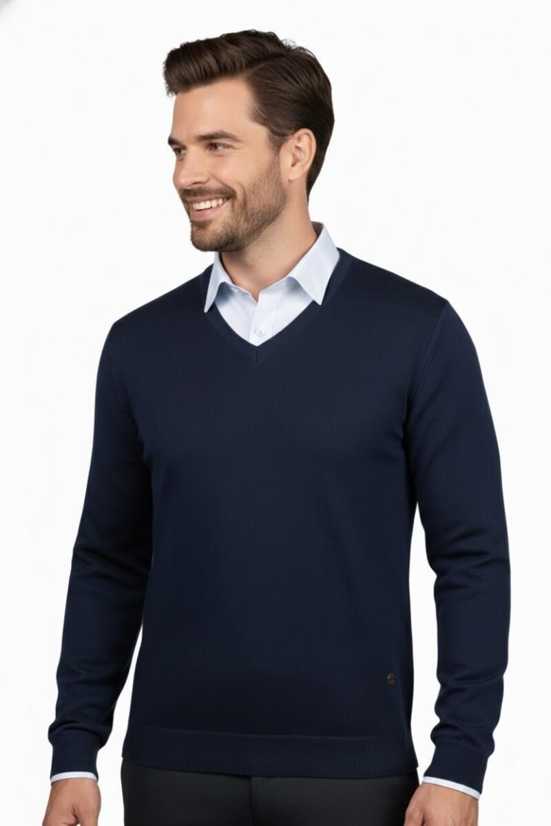 Erkek V Yaka Triko Kazak Çelik Örgü Klasik Kalıp 4241D BGL-ST04849 LACİVERT - XL
