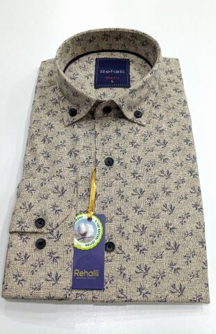 Erkek Gömlek Slim Fitt Pamuklu Yaprak Desenli Rehalli BGL-ST00802 SAFRAN - M