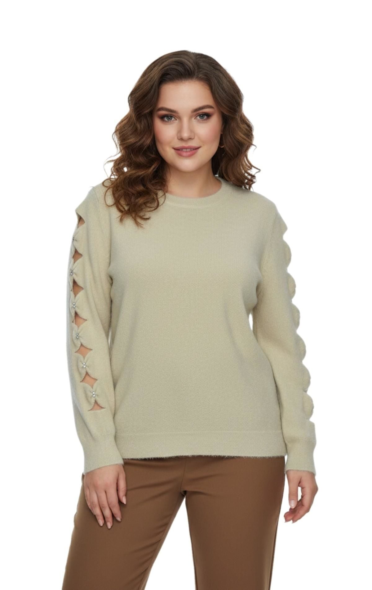 Kadın Kol Taşlı Modelli Sakallı Triko Kazak BGL-ST05077