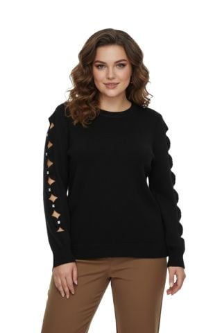 Kadın Kol Taşlı Modelli Sakallı Triko Kazak BGL-ST05077