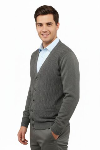 Erkek Düğmeli Hırka Cepli Çelik Örgü Klasik Kalıp 5212M BGL-ST04848 K.GRİ - M