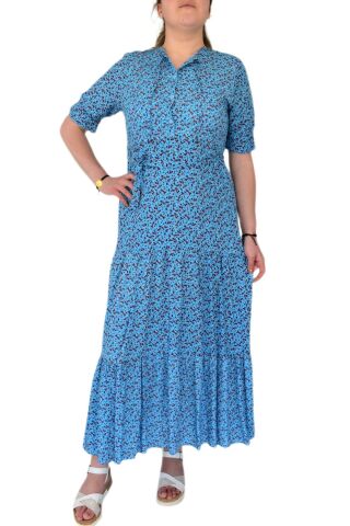 Kadın Çiçekli Kol Büzgülü Yaka Bağcıklı Elbise BGL-ST02110