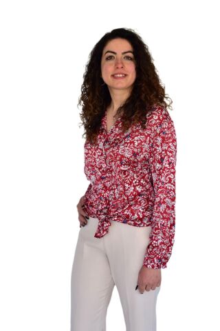 Kadın Saten Baskıkılı Desen Uzun Kol Gömlek BGL-ST04214 KIRMIZI - M
