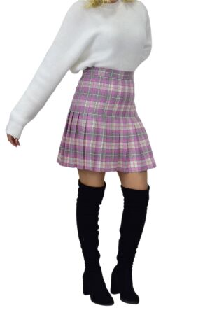 Kadın Ekose Kolej Etek Pembe Gri ANADOLU-34