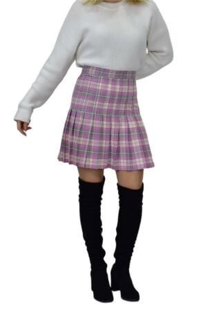 Kadın Ekose Kolej Etek Pembe Gri ANADOLU-34