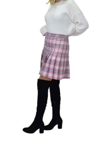 Kadın Ekose Kolej Etek Pembe Gri ANADOLU-34