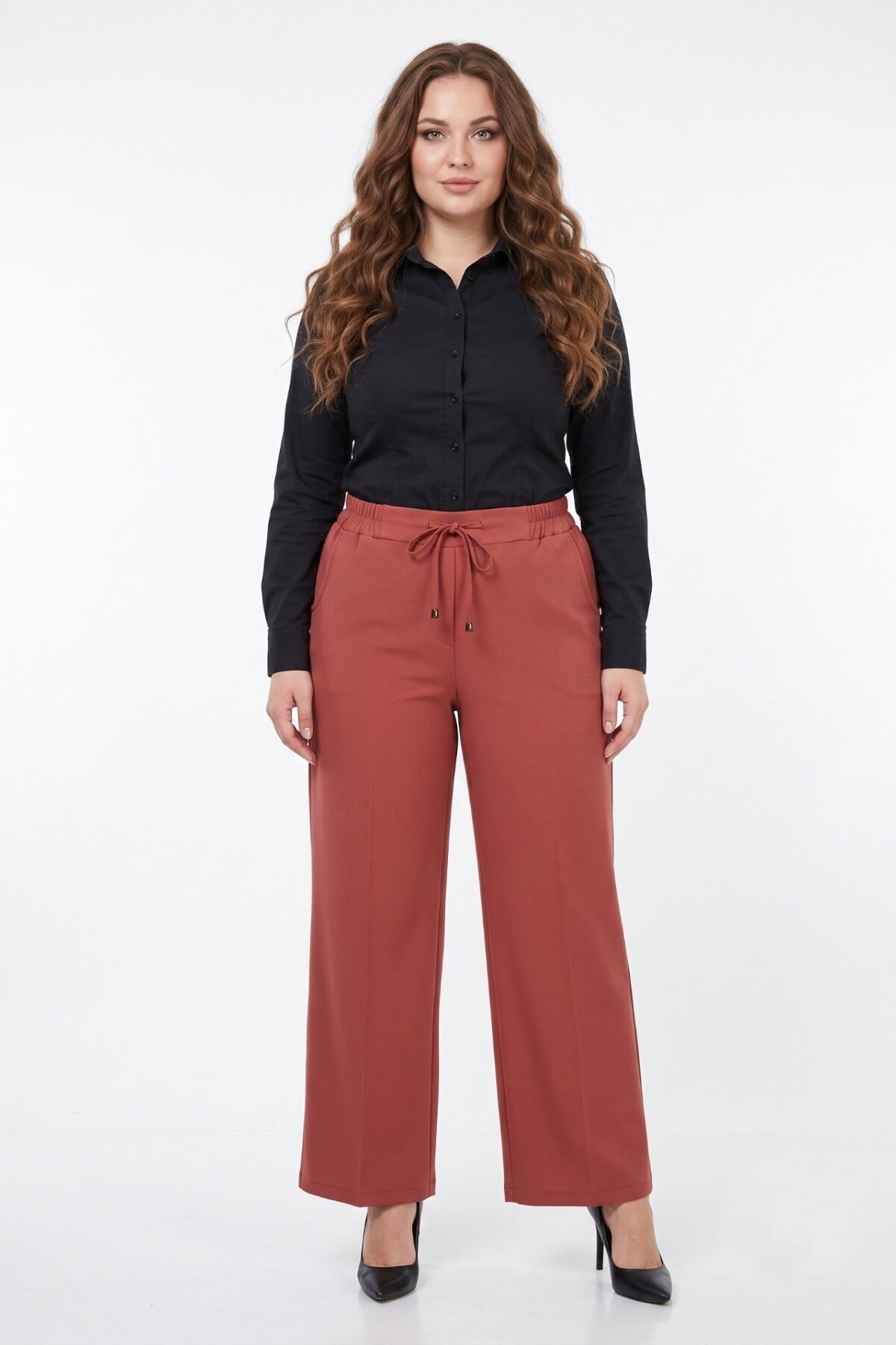 Kadın Bol Paça Beli Lastikli Kumaş Pantolon BGL-ST04322 KİREMİT - 40