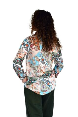 Kadın Saten Baskıkılı Desen Uzun Kol Gömlek BGL-ST04214 YEŞİL - S