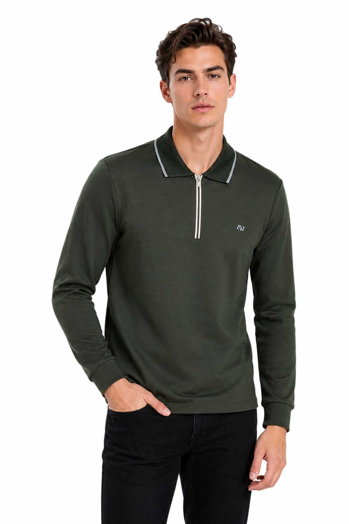 Erkek Mevsimlik Spor Polo Yaka Fermuarlı Sweatshırt BGL-ST05468 HAKİ - L