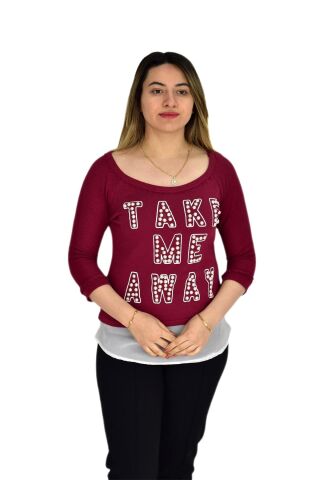 Kadın Boncuk İşli Kayık Yaka Sweat BRG-37415