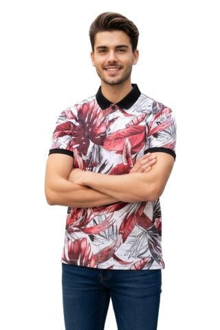 Erkek Yaprak Baskılı Polo Yaka Tişört BGL-ST00528 BORDO - XL