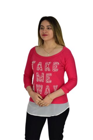 Kadın Boncuk İşli Kayık Yaka Sweat BRG-37415 NAR - L