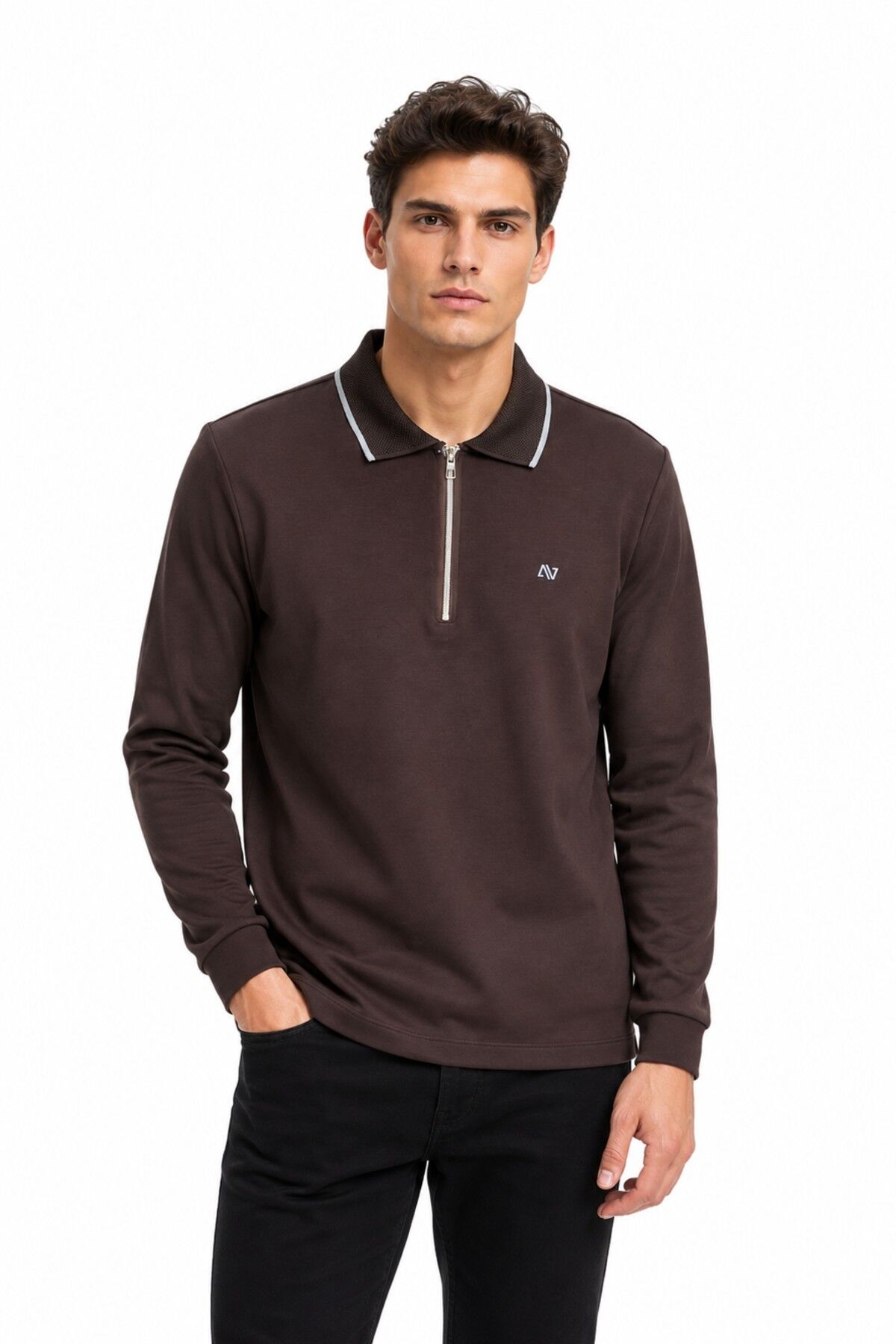 Erkek Mevsimlik Spor Polo Yaka Fermuarlı Sweatshırt BGL-ST05468 KAHVE - XL