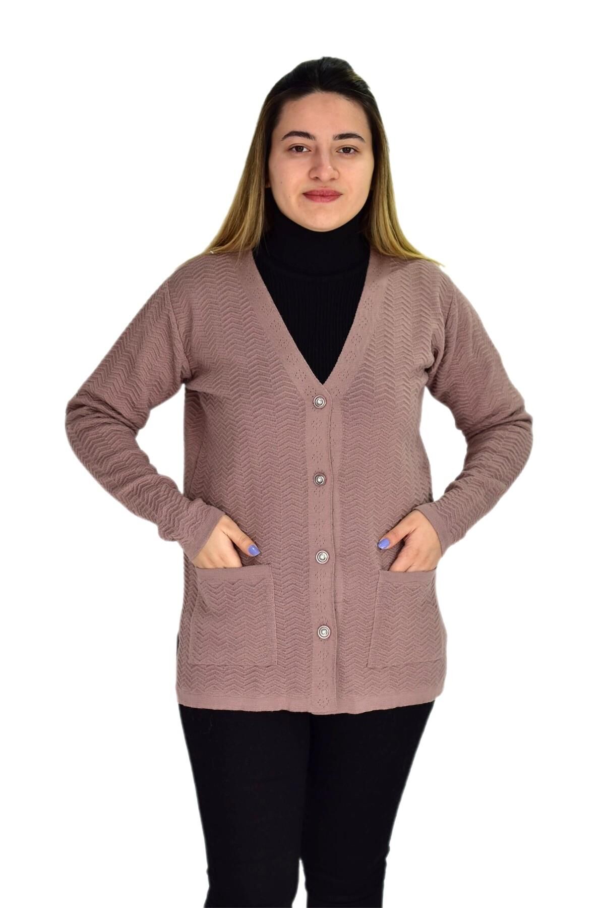Kadın Cepli Triko Hırka BGL-ST03349 PUDRA - 2XL