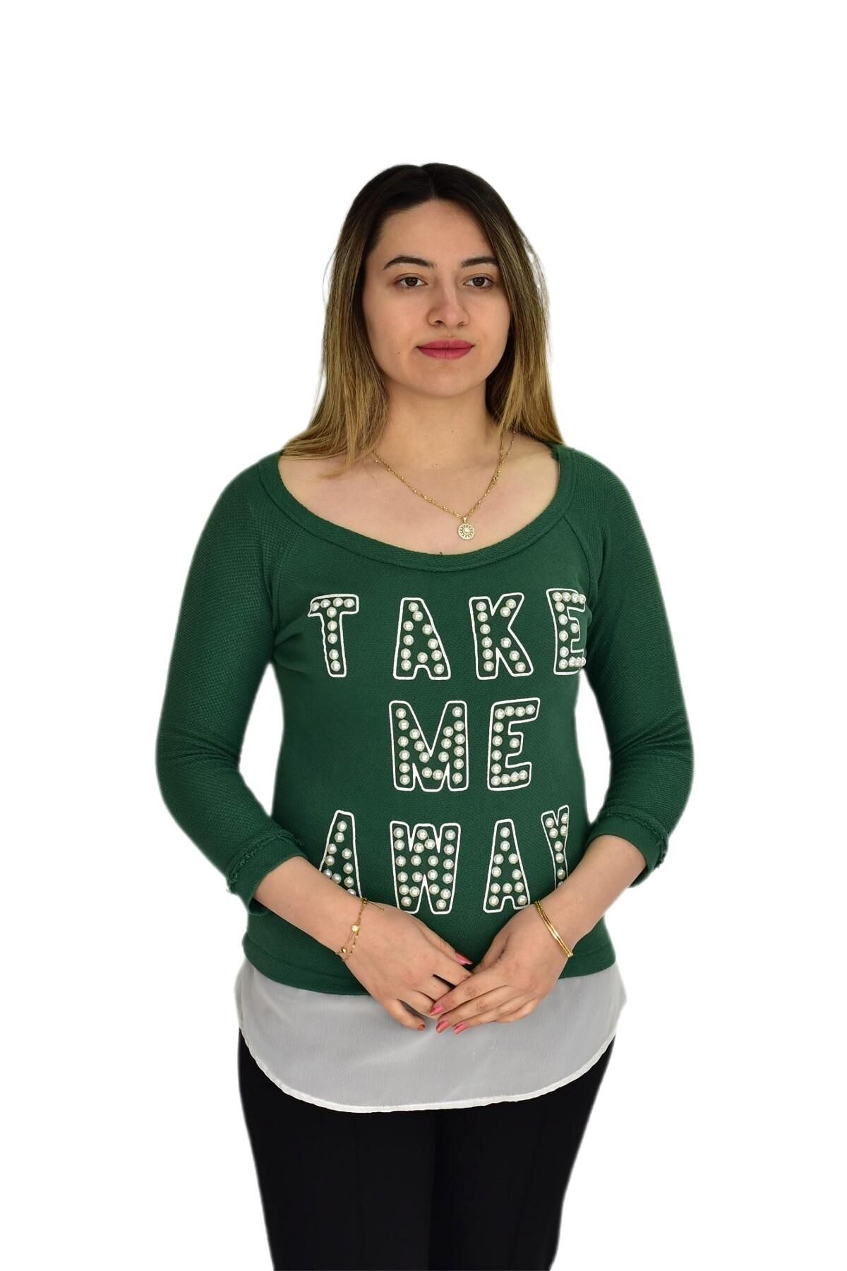 Kadın Boncuk İşli Kayık Yaka Sweat BRG-37415 YEŞİL - M
