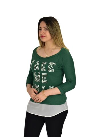 Kadın Boncuk İşli Kayık Yaka Sweat BRG-37415 YEŞİL - M
