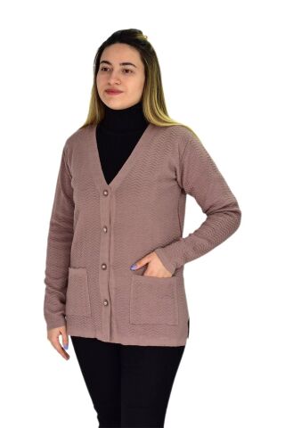 Kadın Cepli Triko Hırka BGL-ST03349 PUDRA - XL