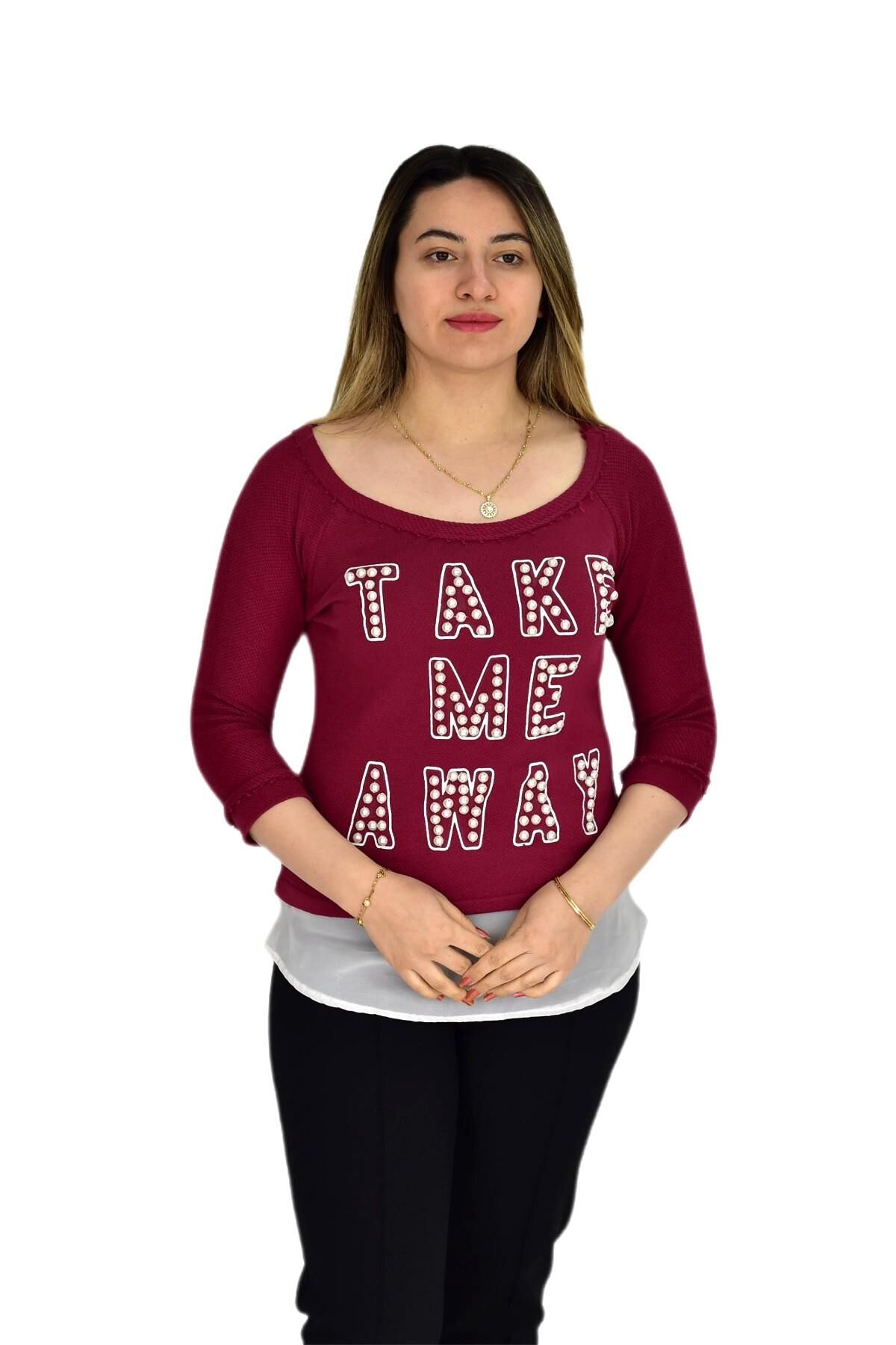 Kadın Boncuk İşli Kayık Yaka Sweat BRG-37415 BORDO - M