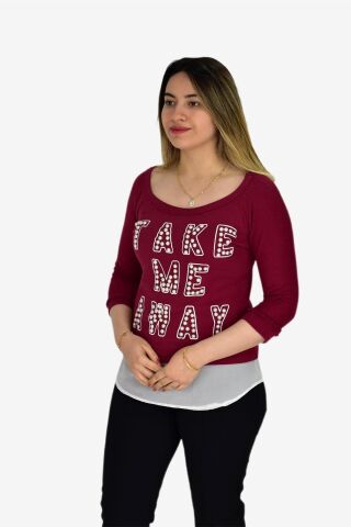 Kadın Boncuk İşli Kayık Yaka Sweat BRG-37415 BORDO - M