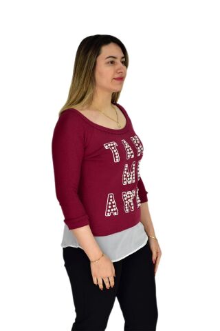 Kadın Boncuk İşli Kayık Yaka Sweat BRG-37415 BORDO - M