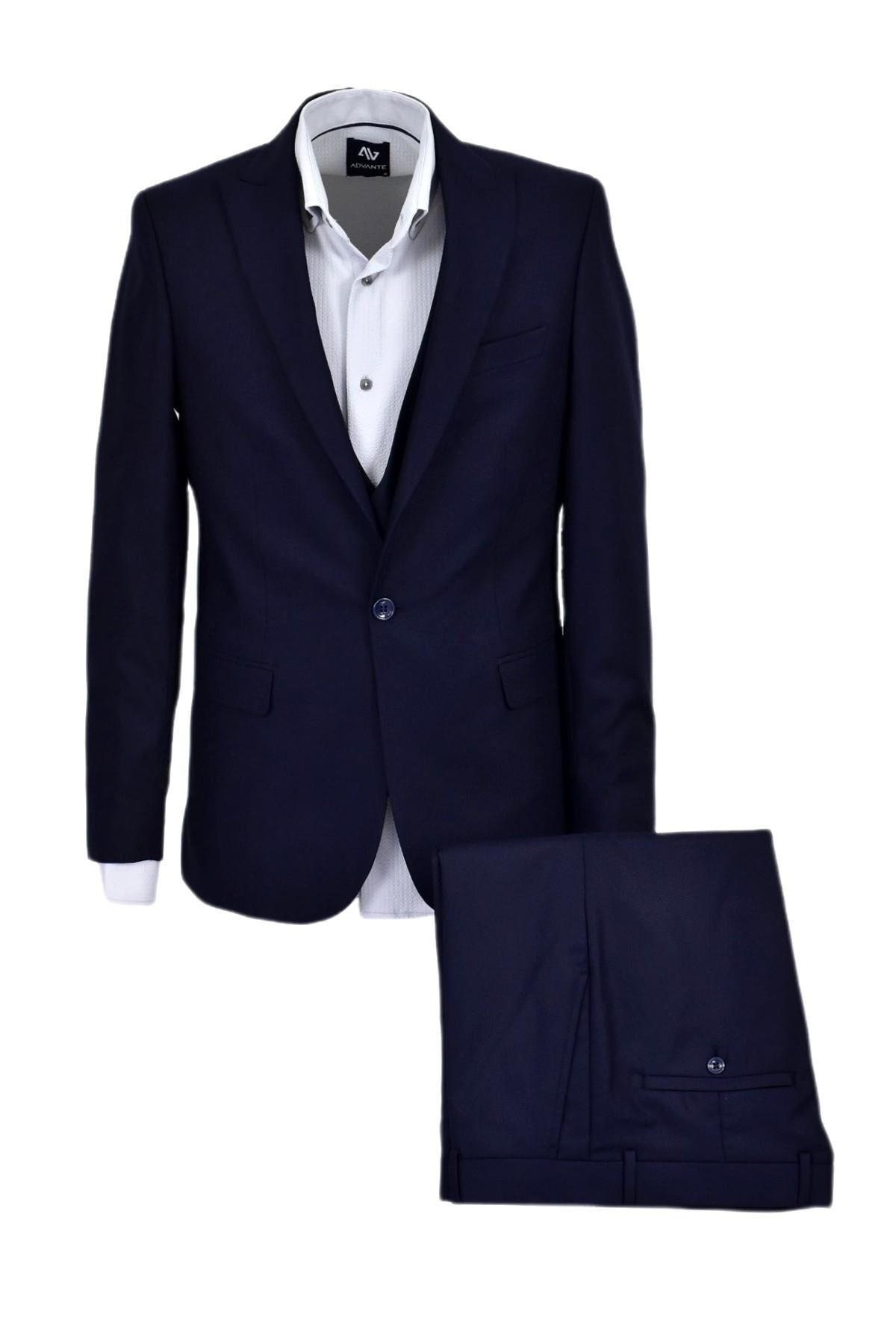 Erkek Lacivert Armürlü Silim Fit Takım Elbise BGL-ST03494 LACİVERT - 50