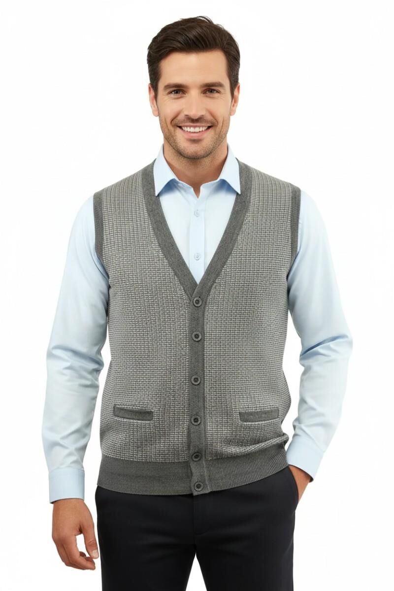 Erkek Düğmeli Yelek Cepli Çelik Örgü Klasik Kalıp 5205L BGL-ST04846 K.GRİ - 2XL