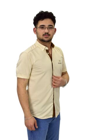 Erkek Spor Silim Fit Kısa Kol Gömlek BGL-ST04481 BEJ - S