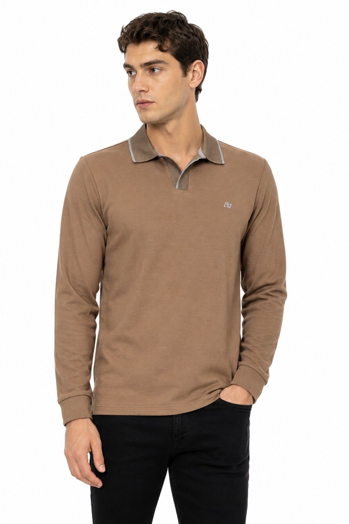 Erkek Mevsimlik Spor Polo V Yaka Sweatshırt BGL-ST05469 A.KAHVE - XL