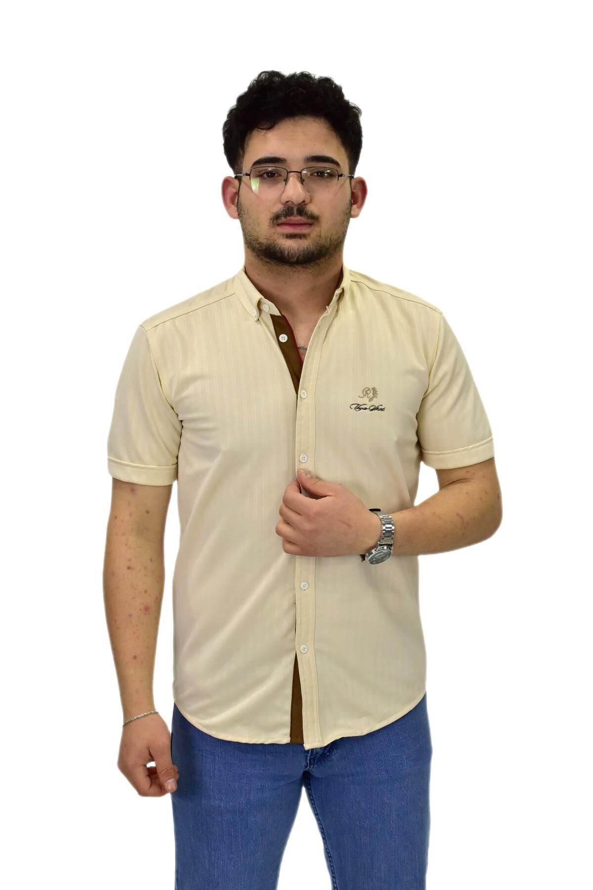 Erkek Spor Silim Fit Kısa Kol Gömlek BGL-ST04481 BEJ - XL