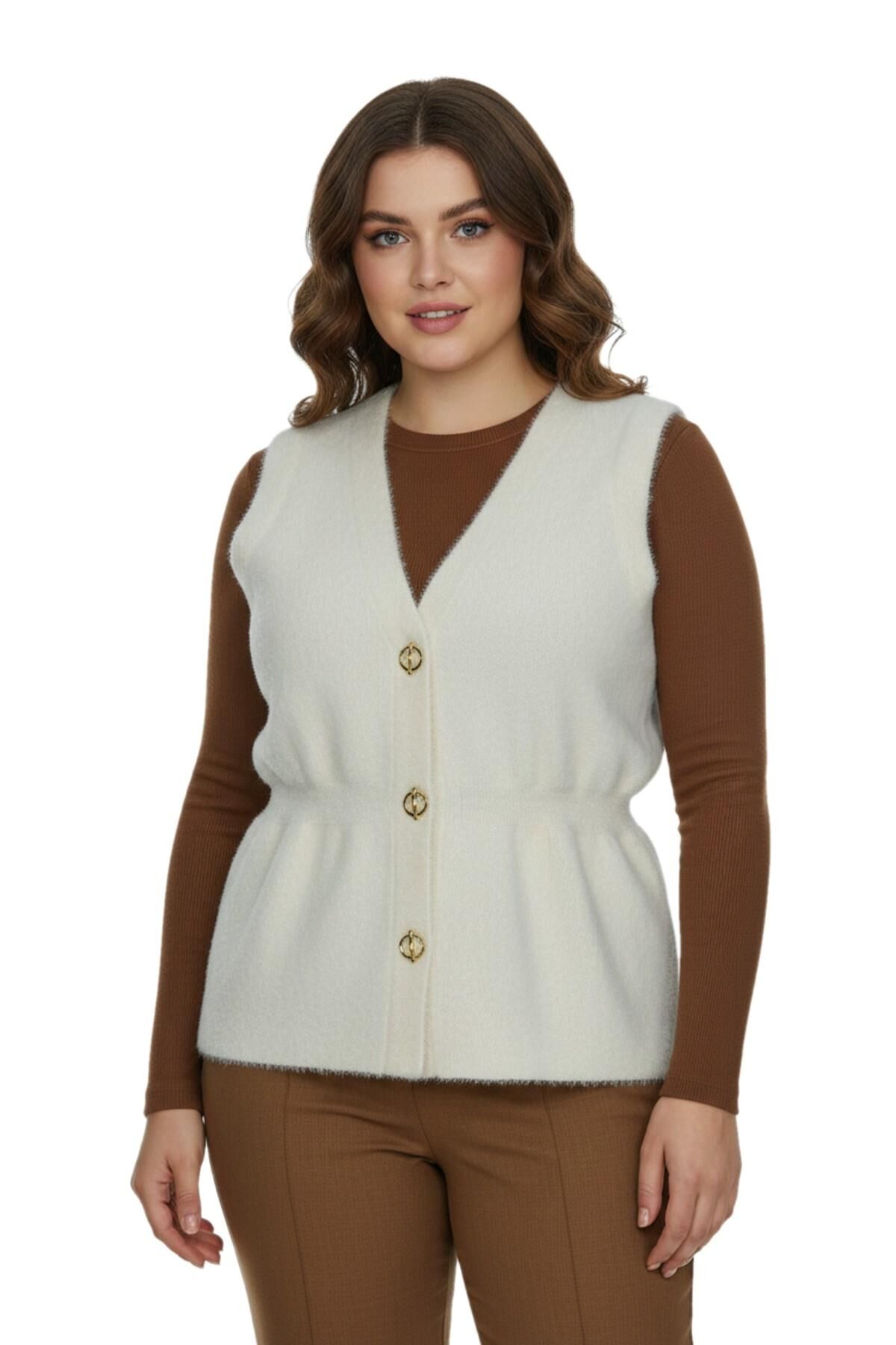 Kadın Düğmeli Sakallı Triko Yelek BGL-ST05076 KREM - M/L