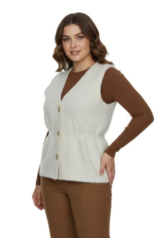 Kadın Düğmeli Sakallı Triko Yelek BGL-ST05076 KREM - M/L