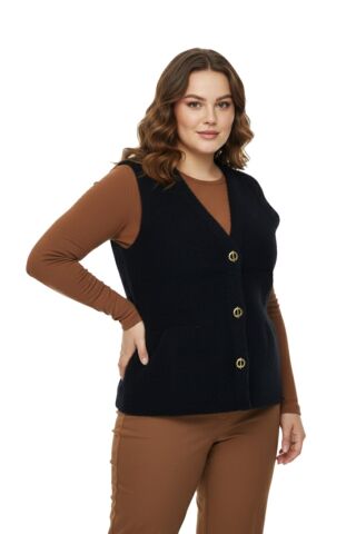 Kadın Düğmeli Sakallı Triko Yelek BGL-ST05076 SİYAH - M/L