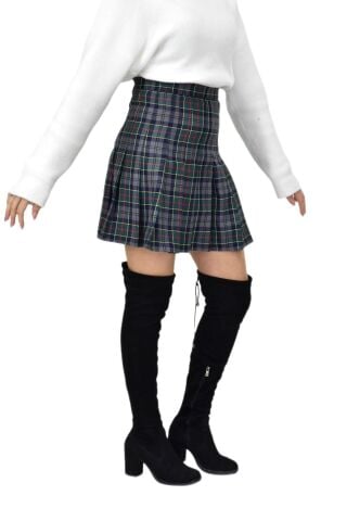 Kadın Ekose Kolej Etek Yeşil Füme KIZMESL-48