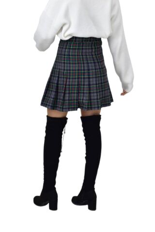 Kadın Ekose Kolej Etek Yeşil Füme KIZMESL-48