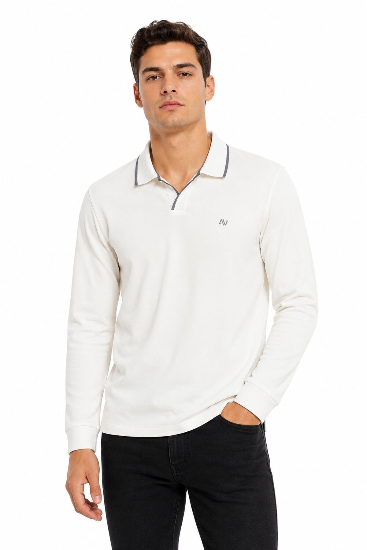 Erkek Mevsimlik Spor Polo V Yaka Sweatshırt BGL-ST05469 EKRU - XL