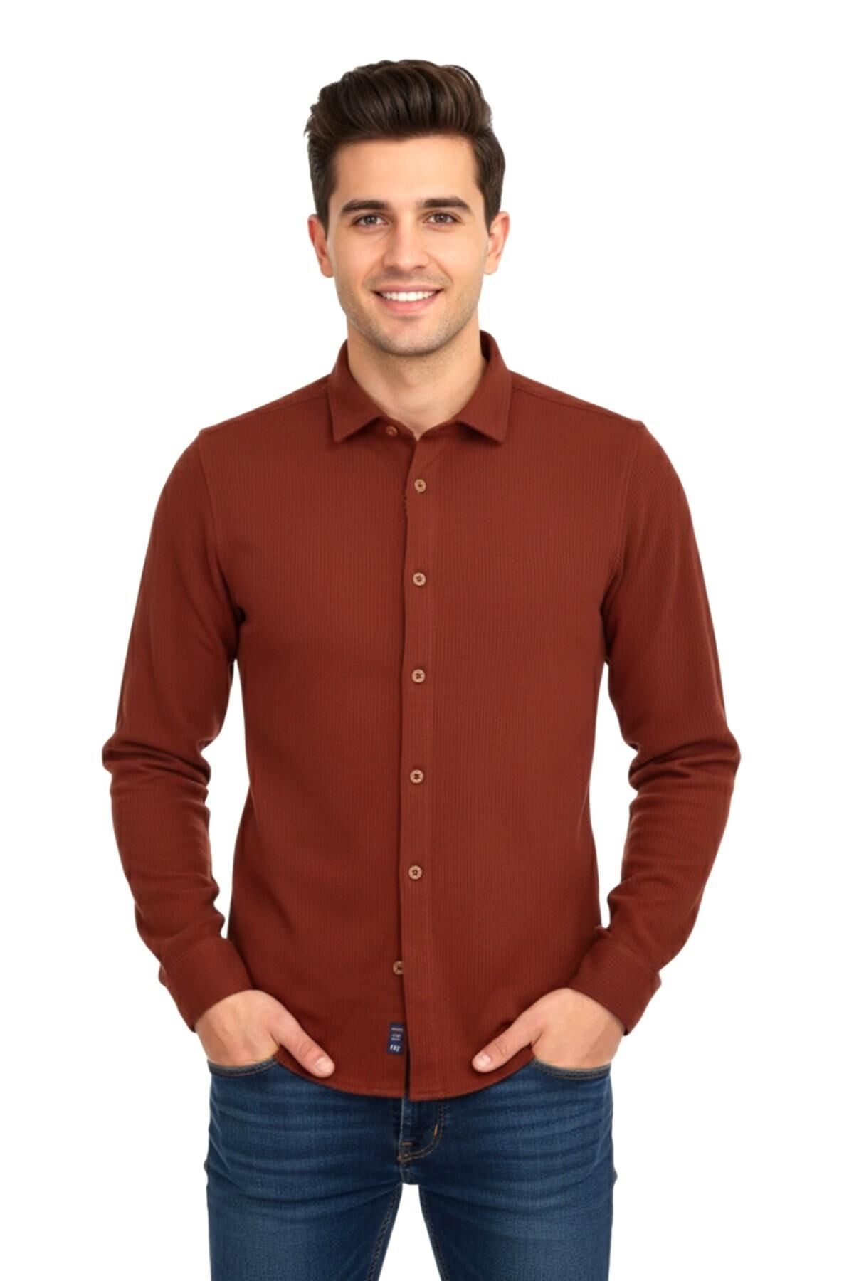 Erkek Kışlık Silim Fit Kaşkorse Dokuma Gömlek BGL-ST04935 KİREMİT - S