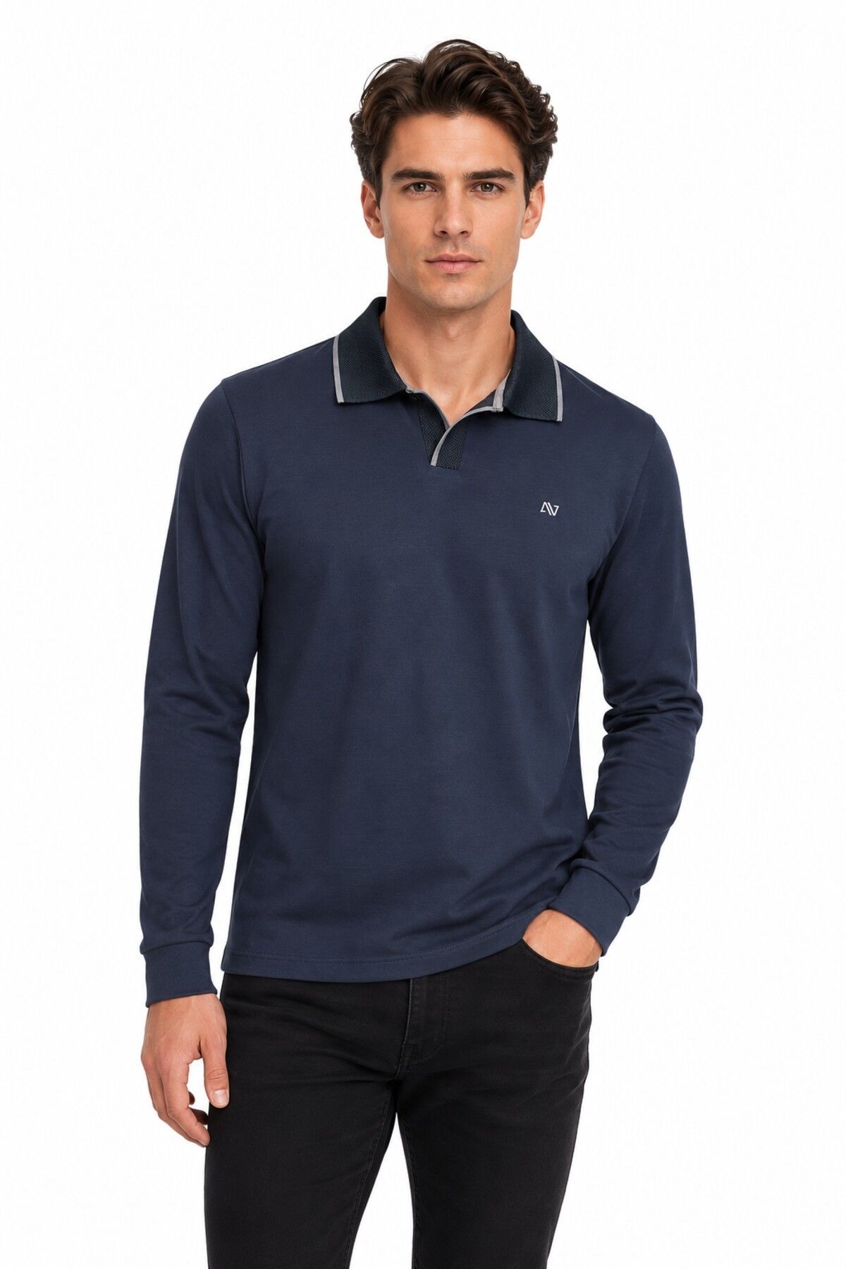 Erkek Mevsimlik Spor Polo V Yaka Sweatshırt BGL-ST05469 FÜME - 2XL