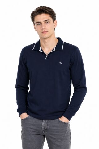 Erkek Mevsimlik Spor Polo V Yaka Sweatshırt BGL-ST05469 LACİVERT - L