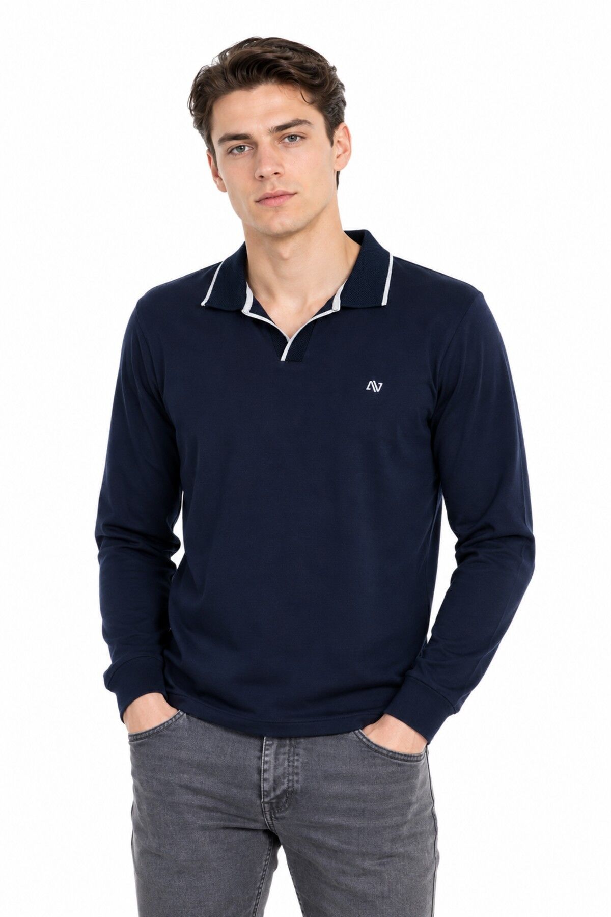 Erkek Mevsimlik Spor Polo V Yaka Sweatshırt BGL-ST05469 LACİVERT - 2XL