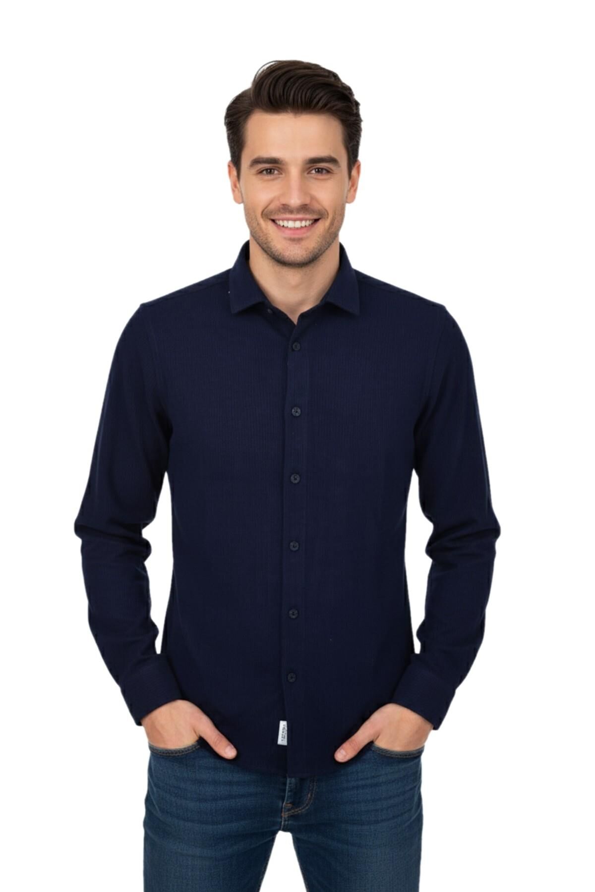 Erkek Kışlık Silim Fit Kaşkorse Dokuma Gömlek BGL-ST04935 LACİVERT - 2XL