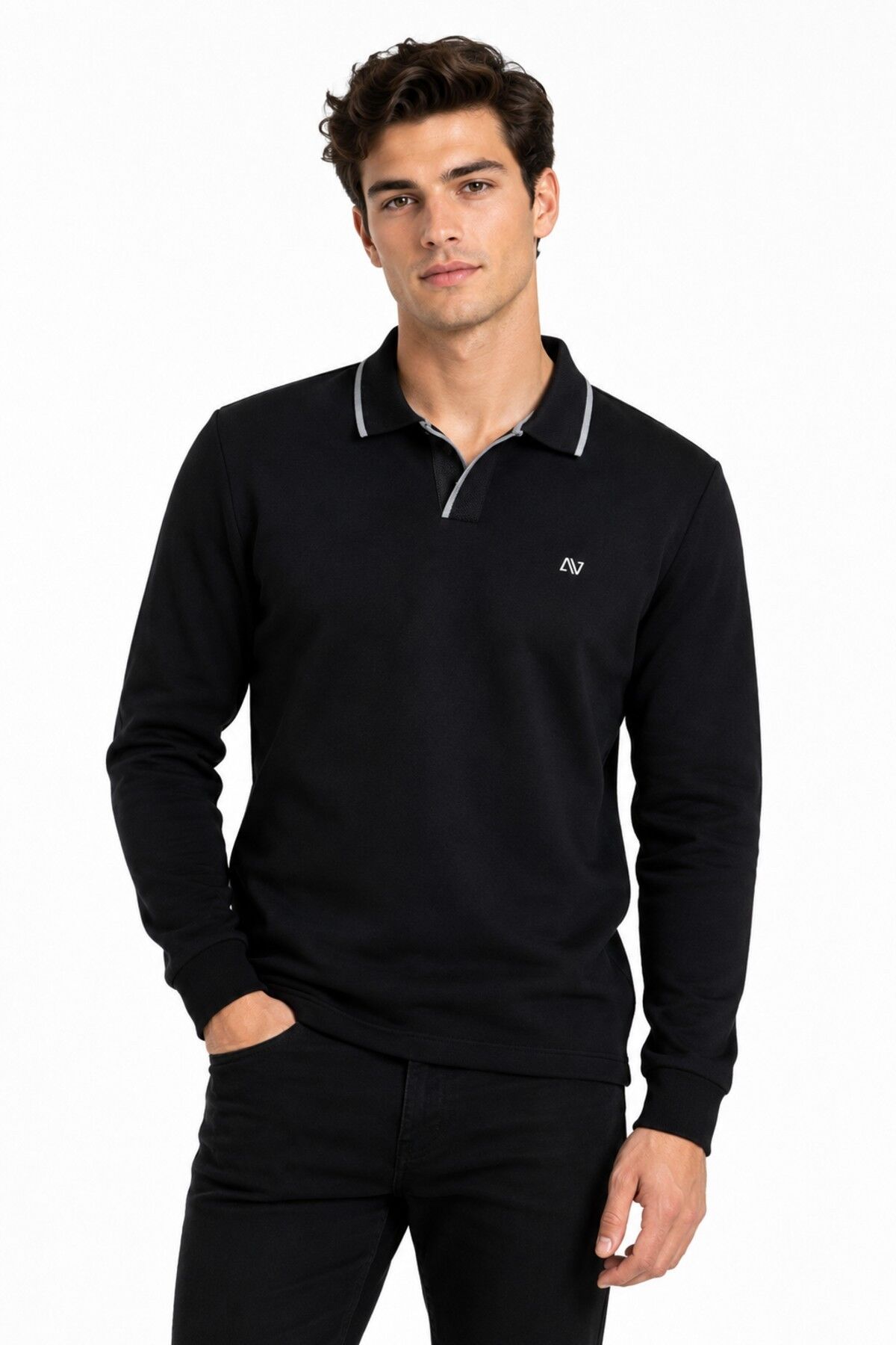Erkek Mevsimlik Spor Polo V Yaka Sweatshırt BGL-ST05469 SİYAH - L