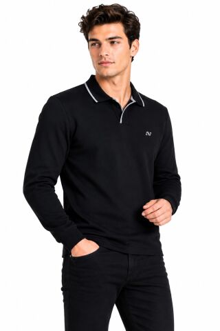 Erkek Mevsimlik Spor Polo V Yaka Sweatshırt BGL-ST05469 SİYAH - XL