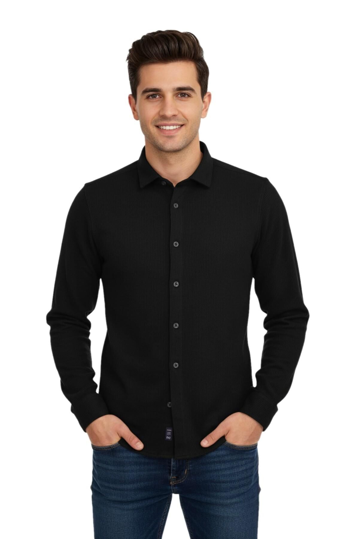 Erkek Kışlık Silim Fit Kaşkorse Dokuma Gömlek BGL-ST04935 SİYAH - L
